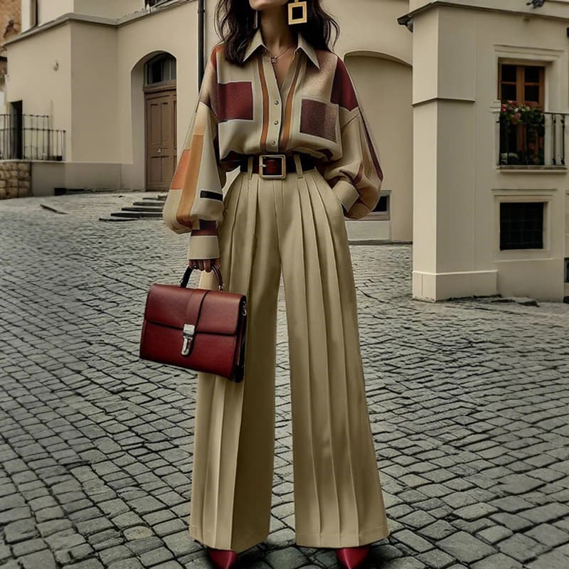 Modigirl Women's Spring Autumn Set of 2 pieces 2025 New Long Sleeved Shirts Long Sleeved Long Legs Strapless Trousers Casual Vintage Women's Set