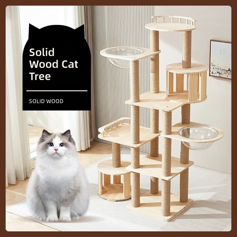 Solid Wood Cat Tree, Multi-Level Luxury Cat Climber with Condo, Scratching Post, Toys, Sturdy and Durable Pet Furniture for Cats