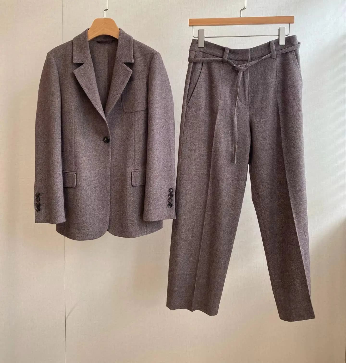 Old Money Style Women Wool Suit Double‑Breasted Blazer and Belted Straight‑Leg Trousers 2‑Piece Matching Set