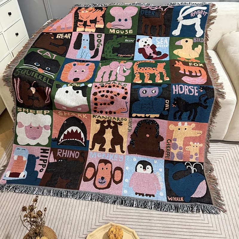 Coperta in Tessuto con Alfabeto di Animali Cartoon e Nappe, Coperta Decorativa con Animali dello Zoo per Bambini, Coperta da Viaggio