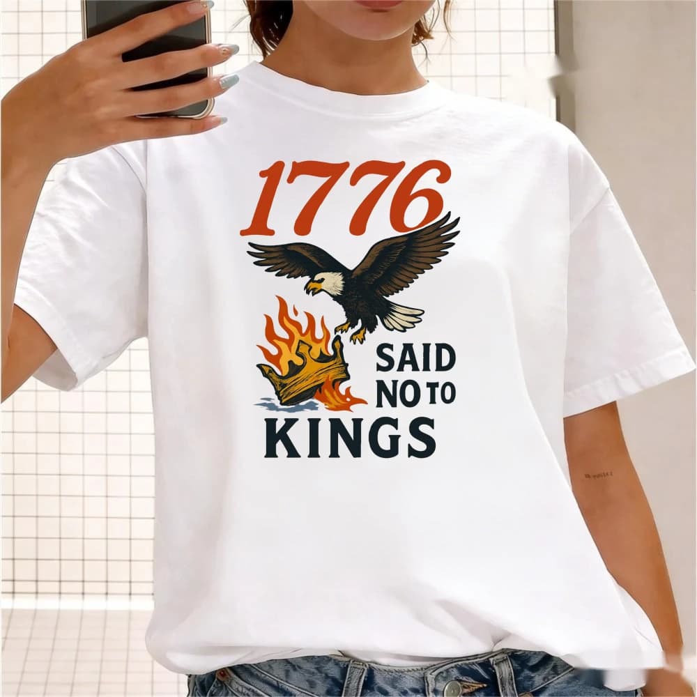 Maglietta 1776 Said No To Kings con Aquila Patriottica e Corona di Fuoco, T-Shirt per il Giorno dell'Indipendenza della Rivoluzione Americana, Unisex in Cotone