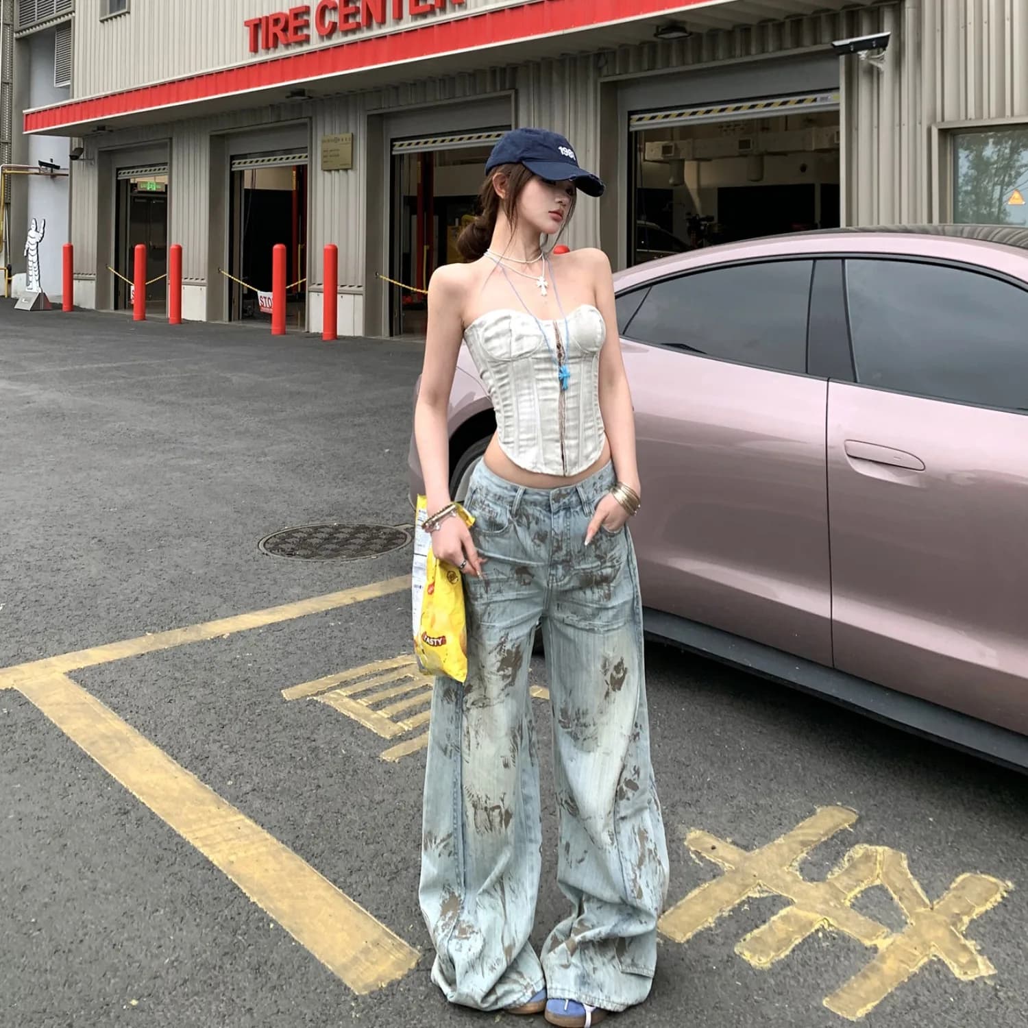 Slim Fit Fishbone Strapless Top Women's Stylish Loose Wide Leg Jeans Trendy High Waist Straight Leg Jeans Casual Blue Denim