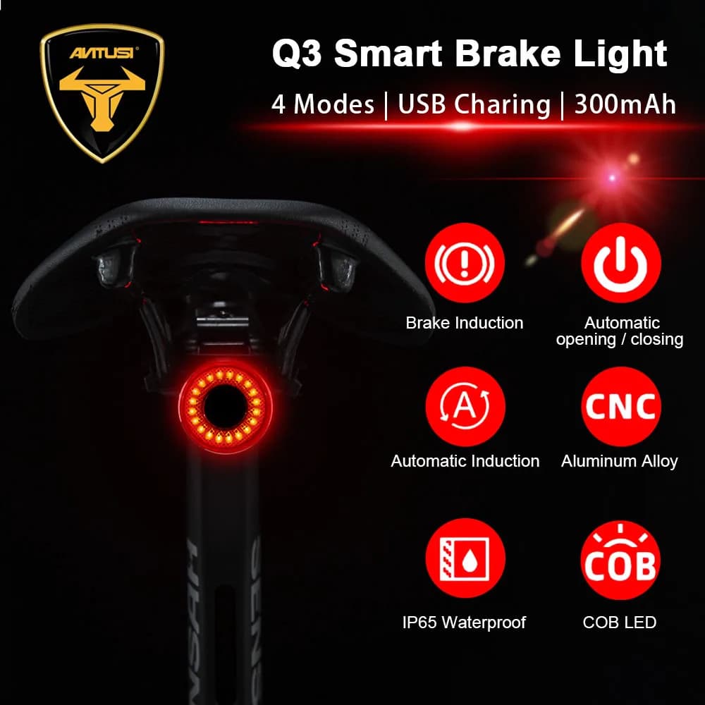 Antusi Luce di rilevamento del freno automatico intelligente per bicicletta IPx6 LED impermeabile Ricarica Fanale posteriore per bicicletta Accessori per luci posteriori per bici Q3