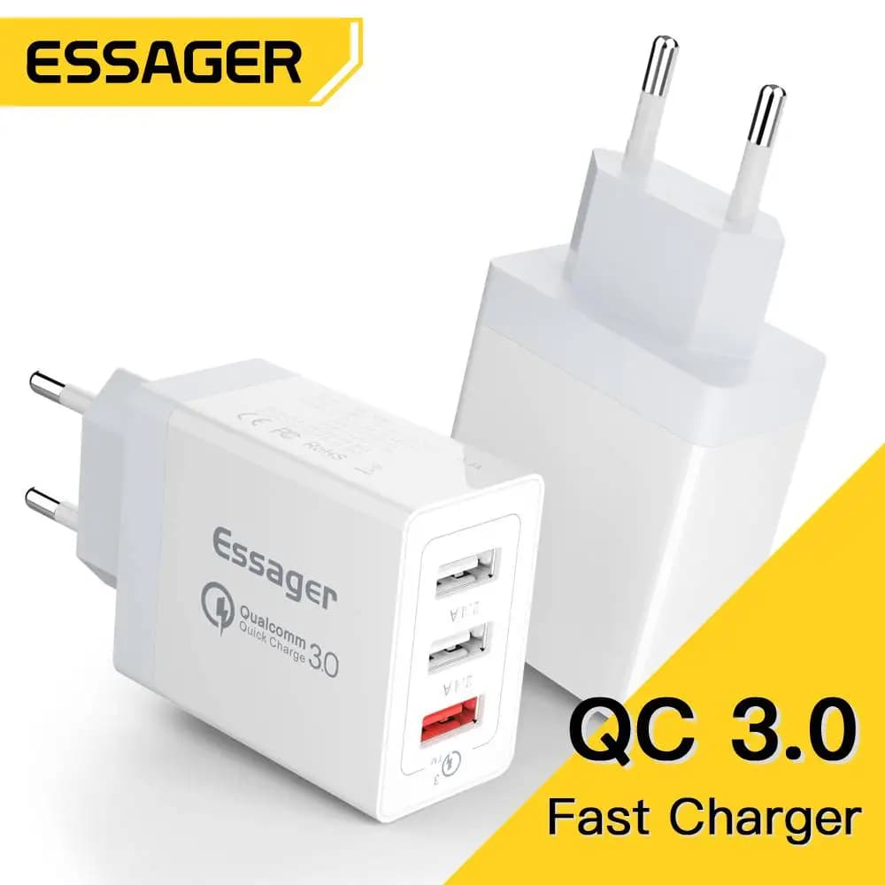Caricatore USB Essager 30W Quick Charge 3.0 per iPhone 14 Samsung Xiaomi 3 porte Multi Plug da parete per telefono cellulare Ricarica rapida