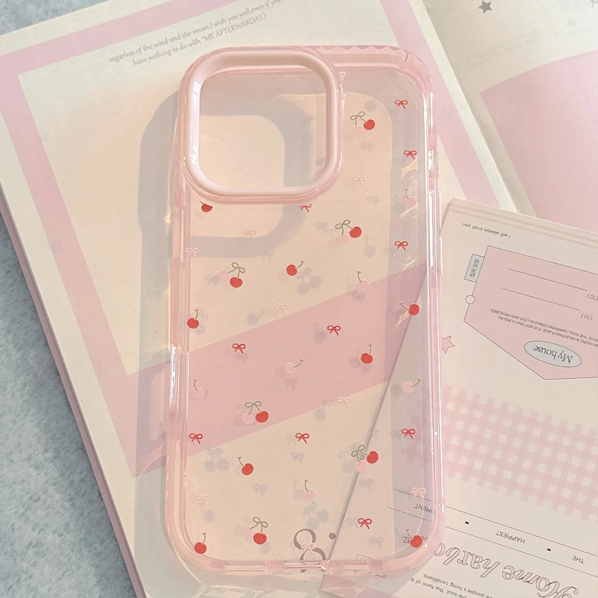 Cherry Bowknot for iPhone 17 16 15 14 13 12 Pro Max Protective Transparent Shock Protective Case