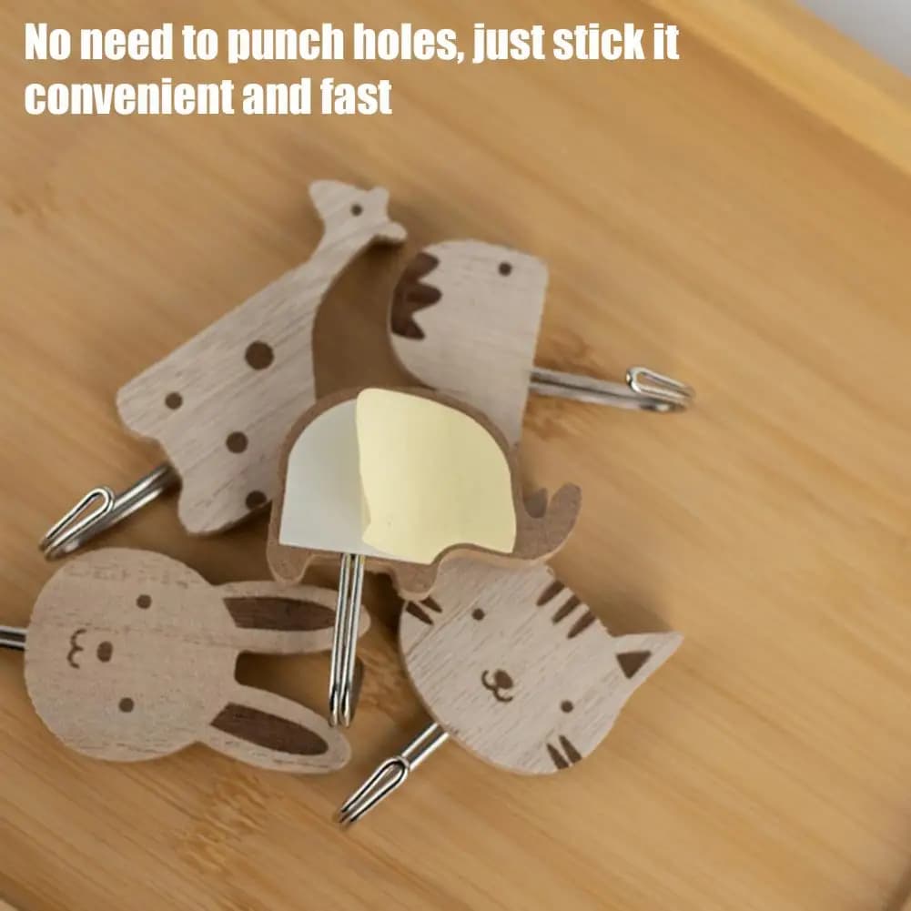 Wooden Animal Hooks Wooden Animal Wall Hooks for Cartoon Animals Hanging Hooks Resistant and Bearings Self-adhesive Clothes Hanger Easy to Install