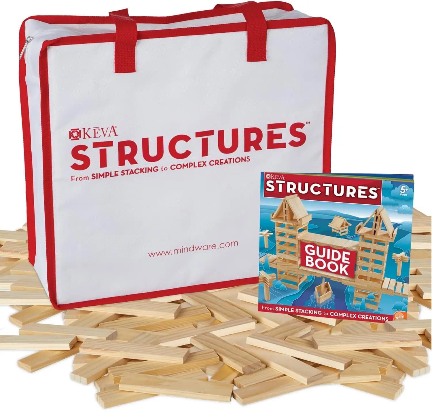 Strutture Set di blocchi di costruzione in legno da 400 assi - Include 400 tavole KEVA di pino, borsa portaoggetti in tela e libro di idee a colori