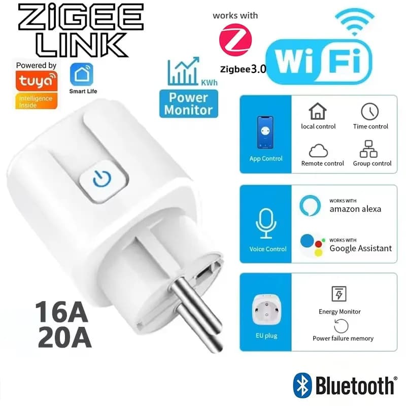 Smart WiFi ZigBee 3.0 16A/20A for Tuya, with Consumption Monitoring, Timer Function, Alexa Vocal Control, Google Home, Yandex Alice