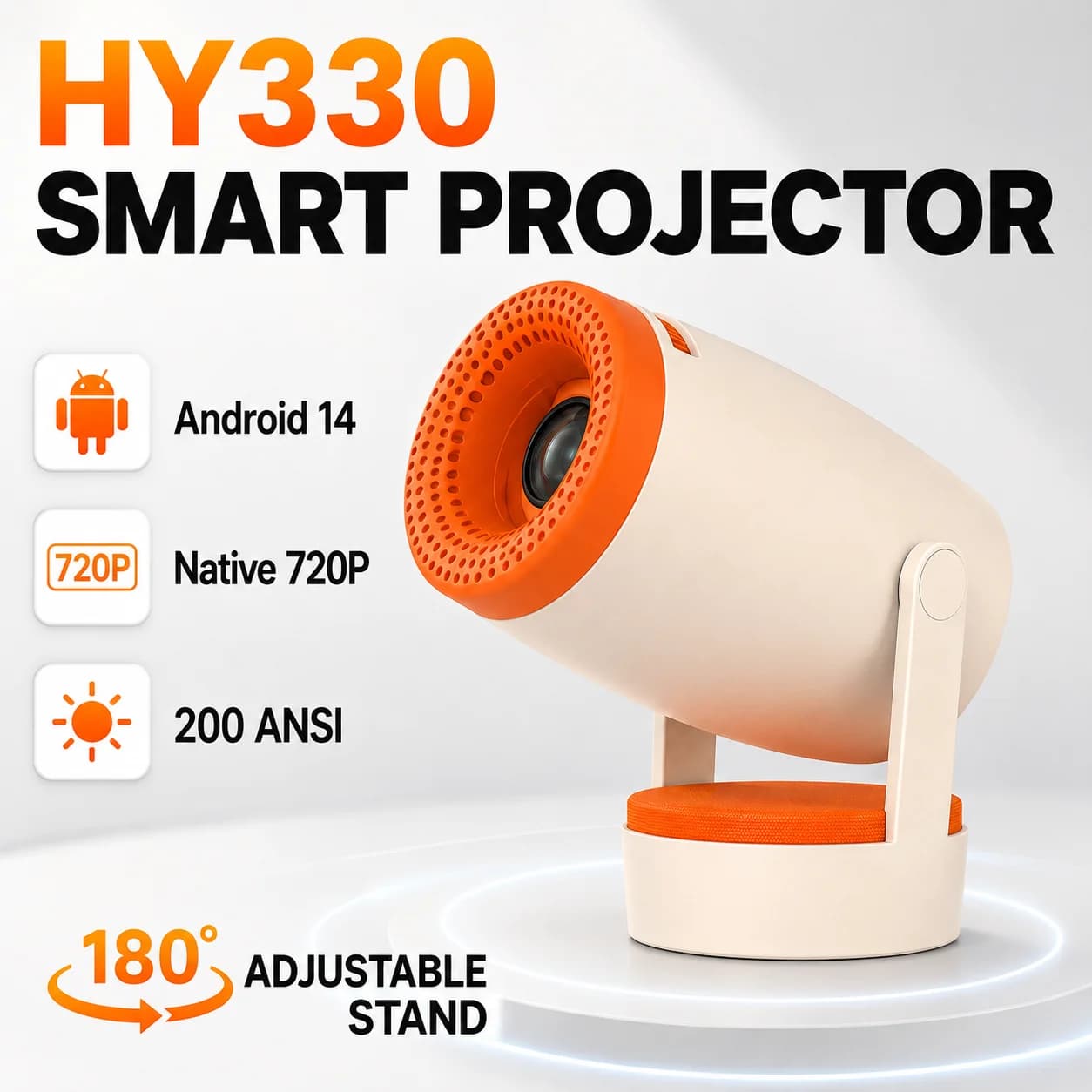 Smart Projector Android 14 720P Native Mini Portable Projector 200 ANSI WiFi 6 Bluetooth 5.4 180° Adjustable Stand Home Theater