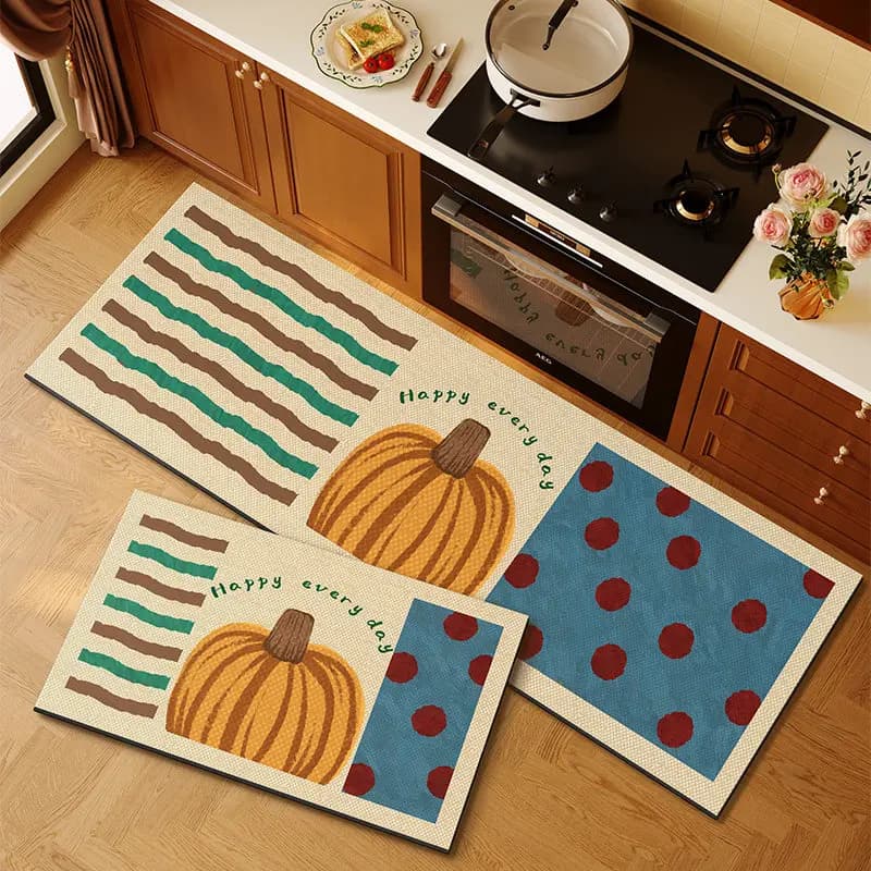 VIKAMA 1/2-Piece Set of Pumpkin-Patterned Doormats—Absorbent and Machine-Washable—Entrance Hall, Kitchen, and Home Decor