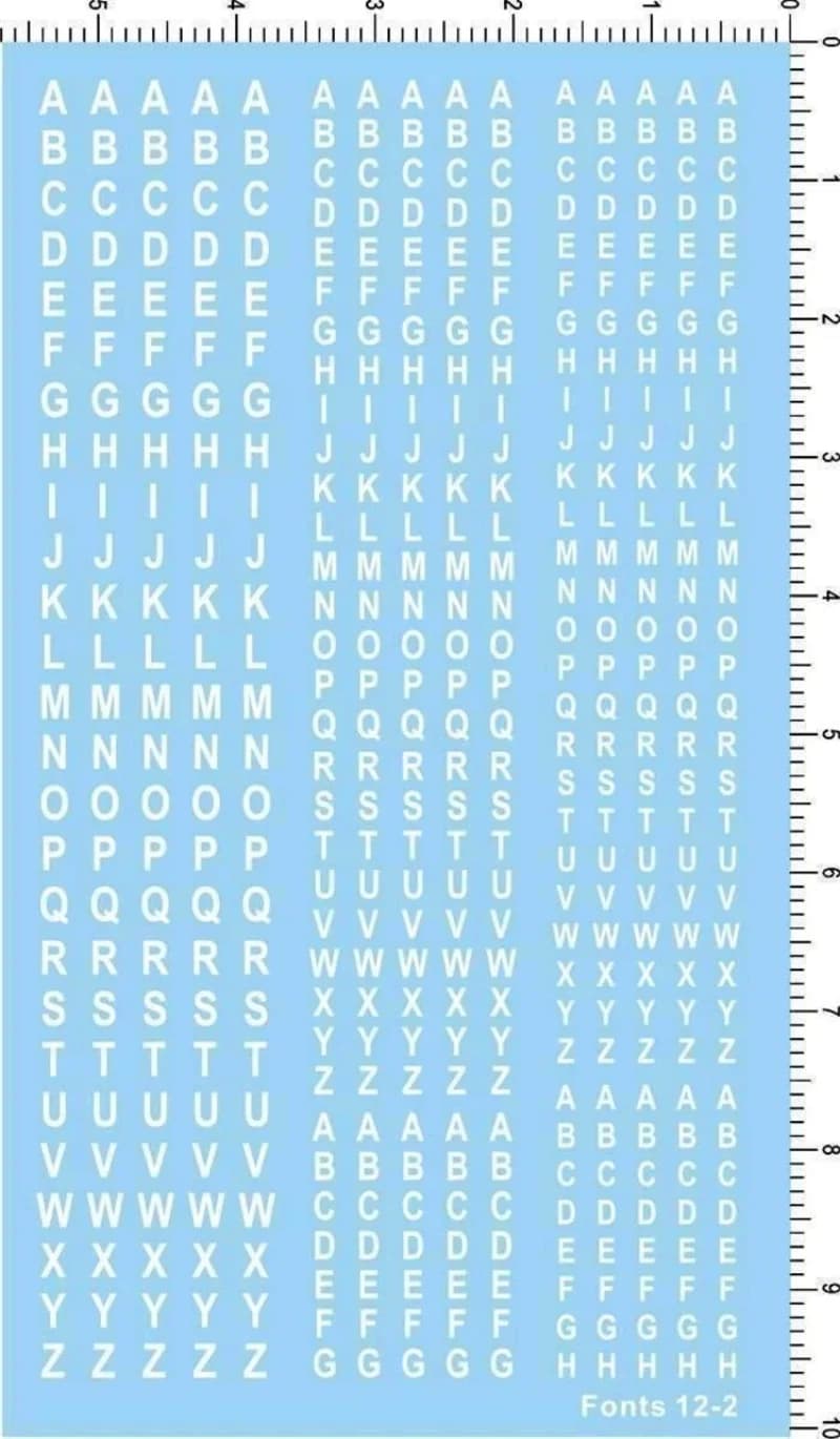 Decalcomania lettere inglesi alfabetici caratteri 12-2 per kit modello militare in scala bianco