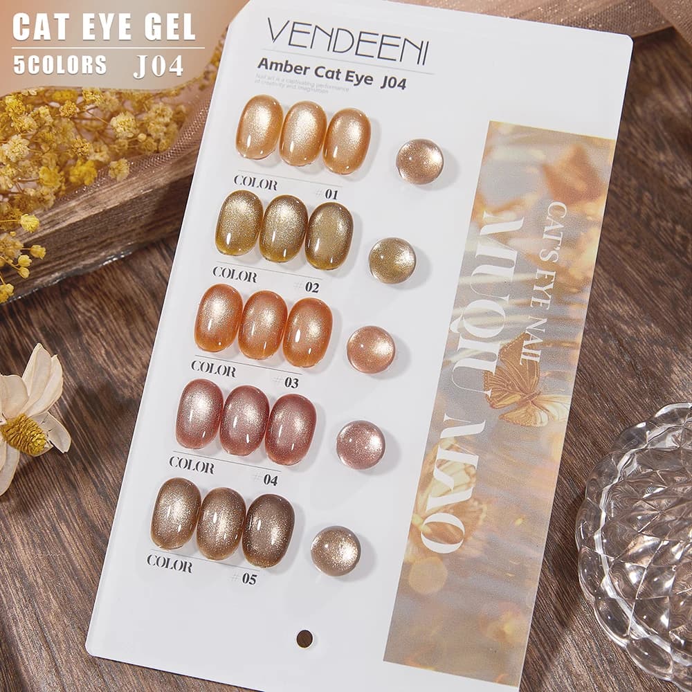 Vendeeni Set di 5 Colori Smalto Gel Effetto Occhio di Gatto in Cristallo Ambrato, Smalto Gel Magnetico UV LED Marrone Dorato con Espositore