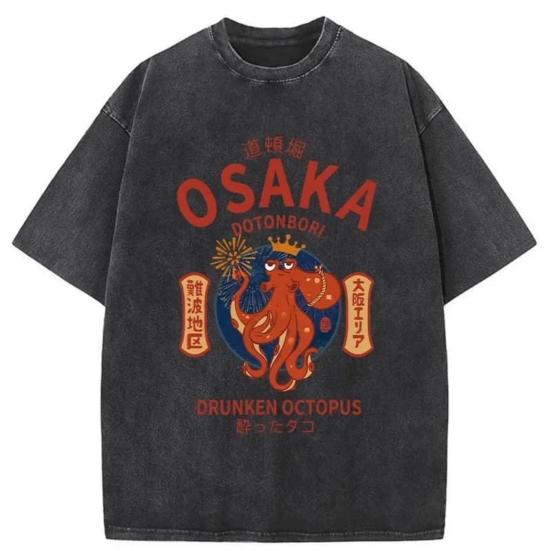 T-shirt Y2k a maniche corte con scollo rotondo da uomo, nuovo arrivo in top e magliette, T-shirt da uomo con grafica Osaka Dotonbori Drunken Octopus effetto lavato