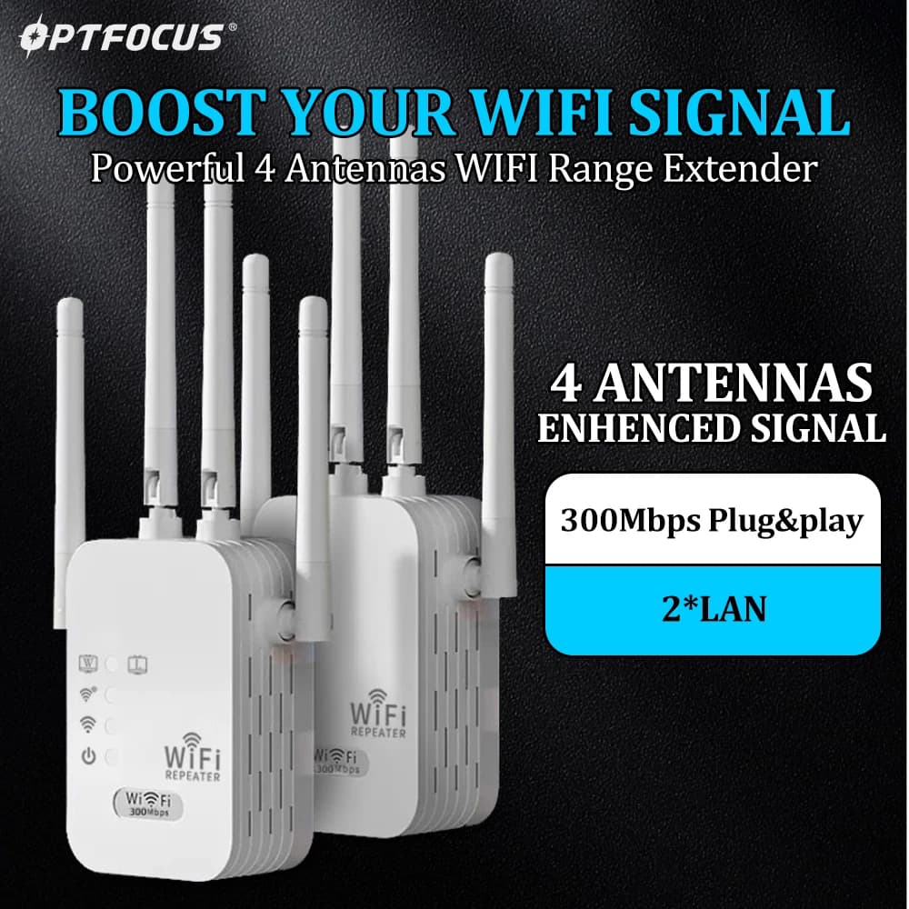 OPTFOCUS Ripetitore WiFi 300Mbps Router di segnale 2.4G Ripetitore di rete Ripetitore di segnale a lungo raggio Ripetitore di estensione WiFi wireless