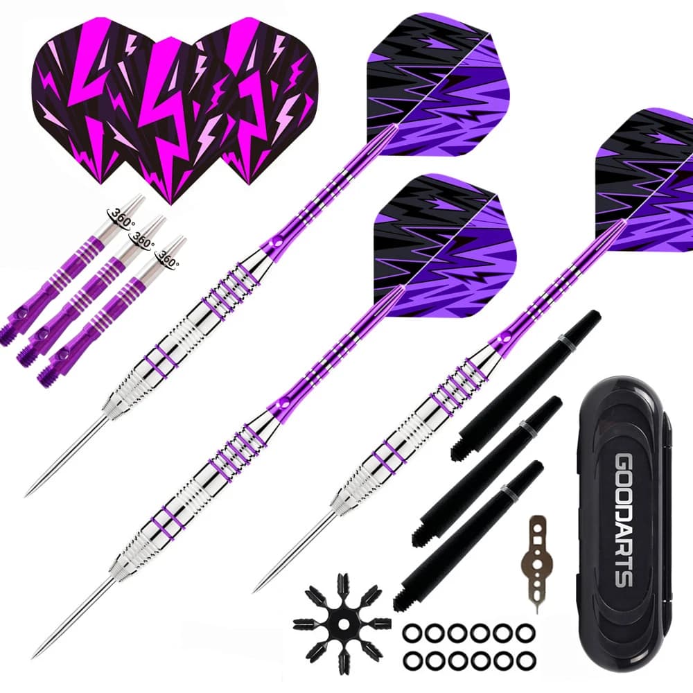 3 Freccette con Punta in Acciaio Viola, Freccette Professionali per Competizione e Allenamento, Aste in Alluminio Antiurto con Accessori per la Conservazione