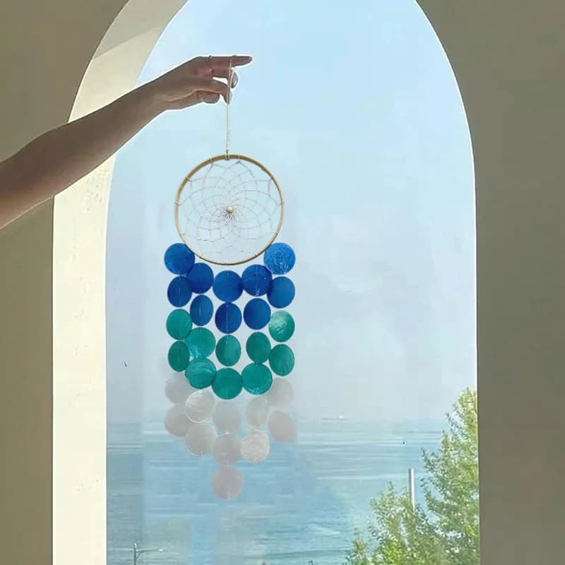 Wind Chimes for Outside Handcrafted Blue Dream Catchers Capiz Shells Seashell Sea Glass Windchime Beach Coastal Garden Decor