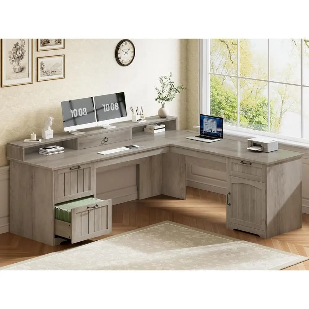 Scrivania da Ufficio Contemporanea a L in Grigio con Cassetti, Armadietto e Supporto per Monitor