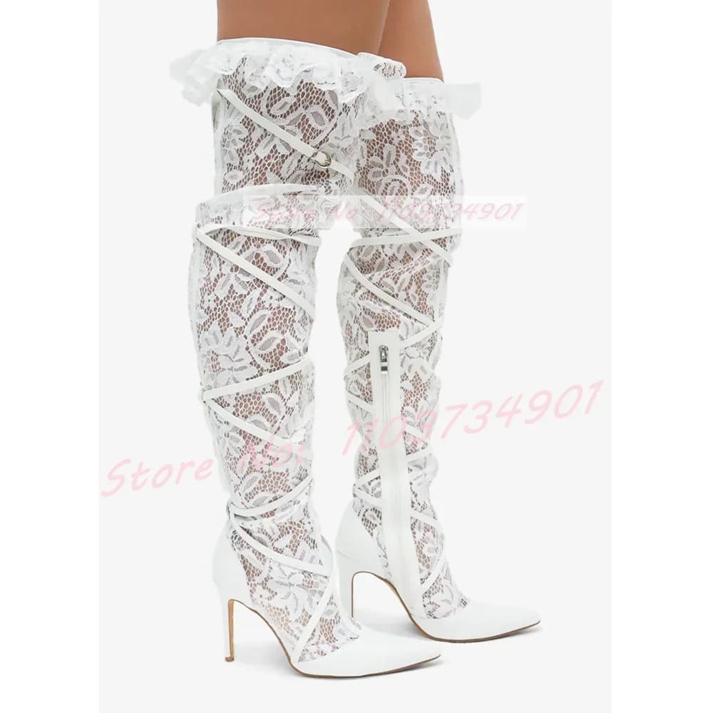 Stivali alti alla coscia con cerniera a punta in pizzo bianco stivali da donna con fibbia incrociata con tacco alto trasparente scarpe da donna traspiranti alla moda