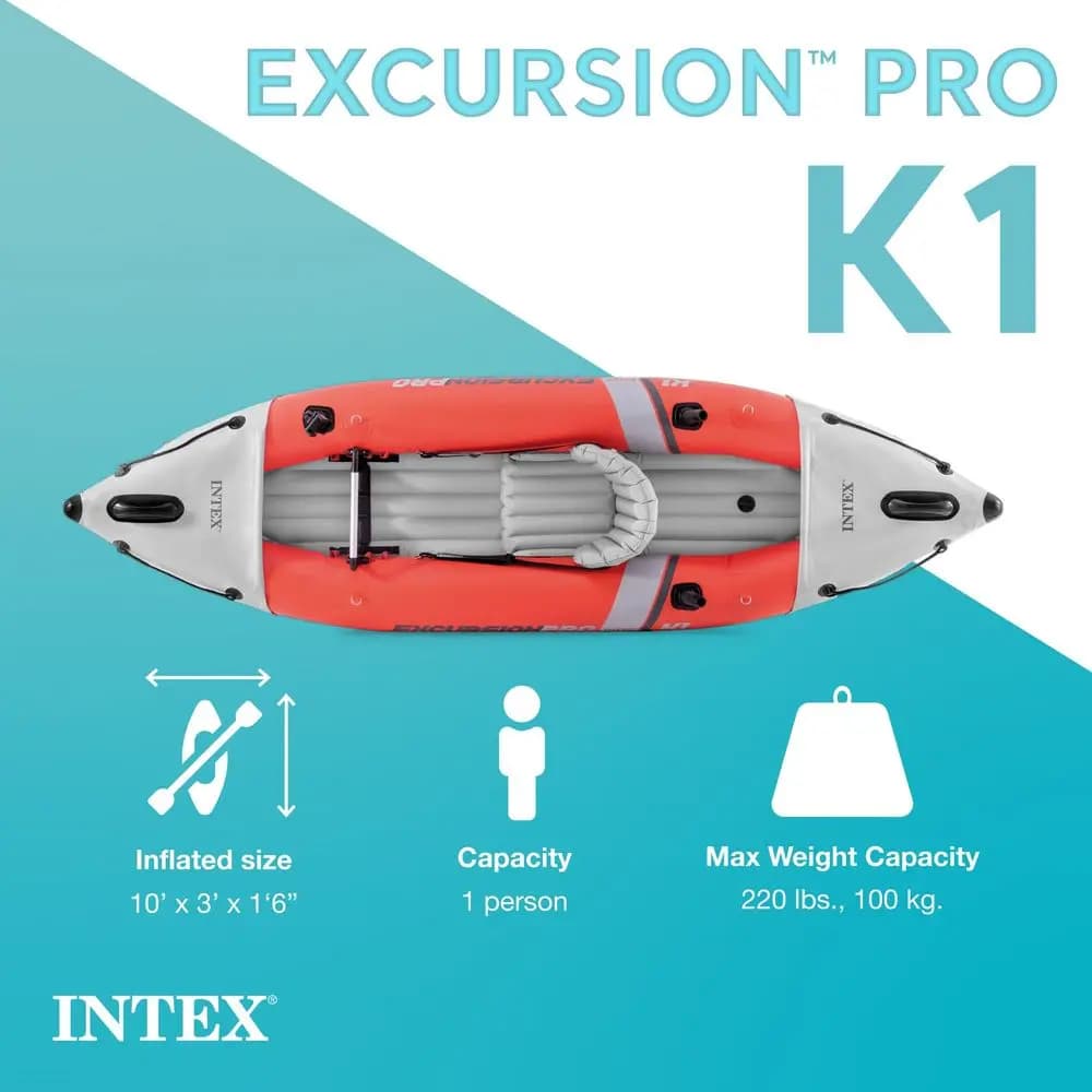 Set Kayak Gonfiabile 68303EP Excursion Pro K1 con Pagaie Deluxe da 86 Pollici e Pompa ad Alta Pressione, PVC Super Resistente, Regolabile