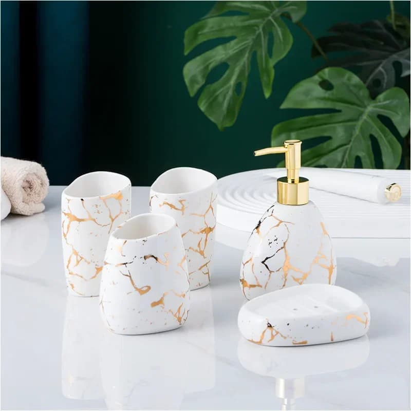 Set di accessori per il bagno in ceramica con motivo marmo dorato, dispenser per dentifricio, portasapone, portaspazzolino, tazza da bagno, flacone per lozione