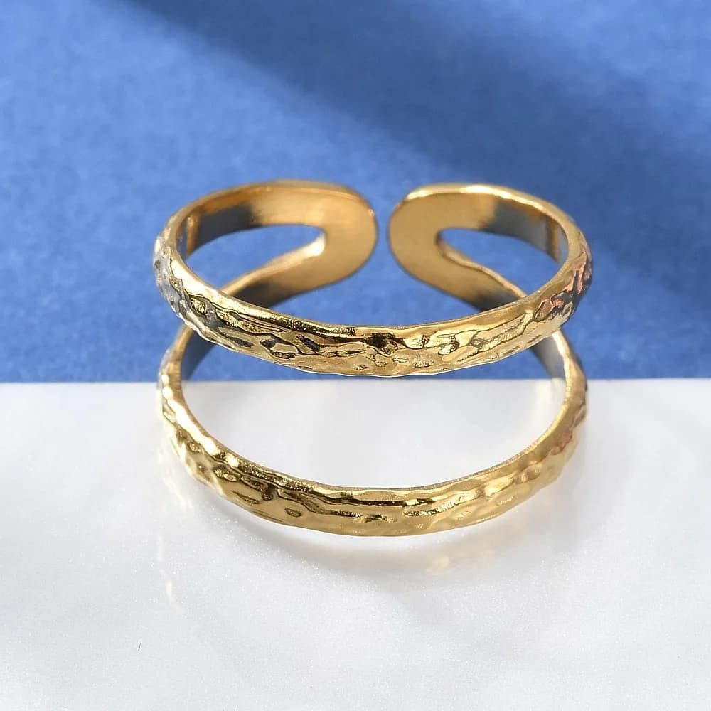 Ion Plating(IP) 304 Stainless Steel Double Line Open Cuff Ring for Women Nickel Free Real 18K Gold Plated Size 8(18.1mm)