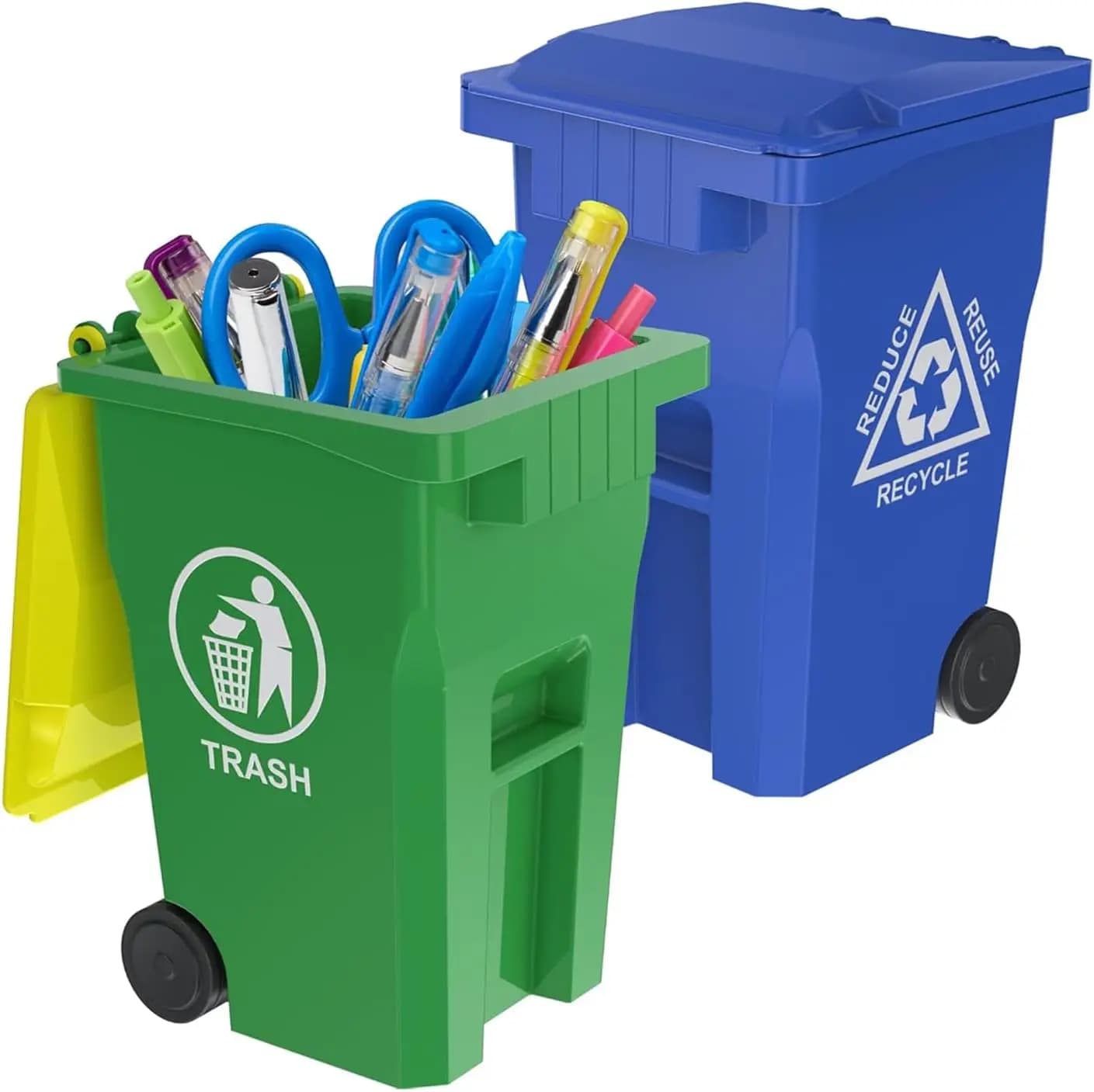 Mini Portapenne a Forma di Cestino per Scrivania, Confezione da 2, Blu e Verde, Piccolo Contenitore per Rifiuti, Organizzatore per Cancelleria da Ufficio per Studenti