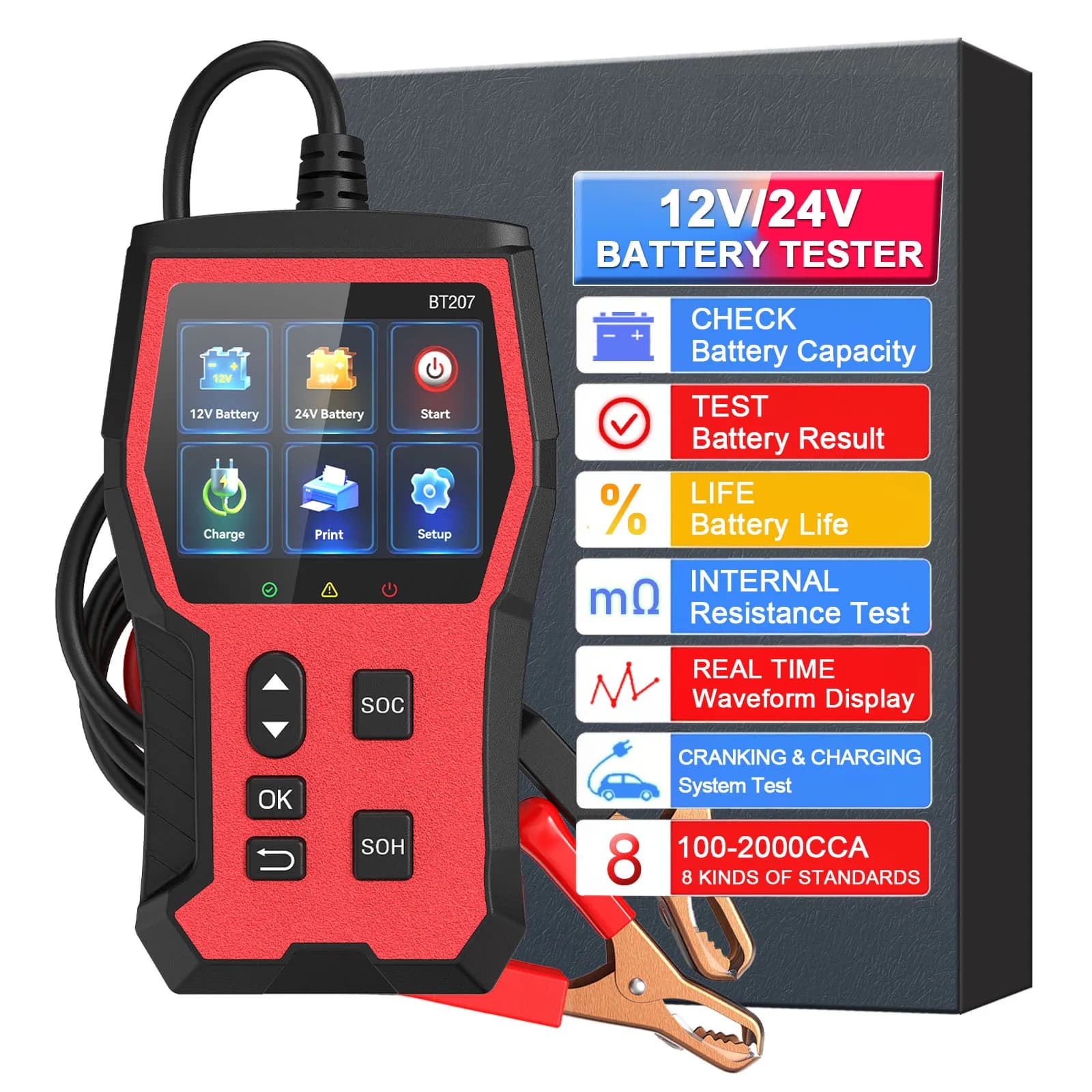 Tester per batterie auto 6V/12V/24V, 2–120Ah, 100–3000 CCA, Analizzatore di alternatore e sistema di avviamento/ricarica, Test di carico automobilistico
