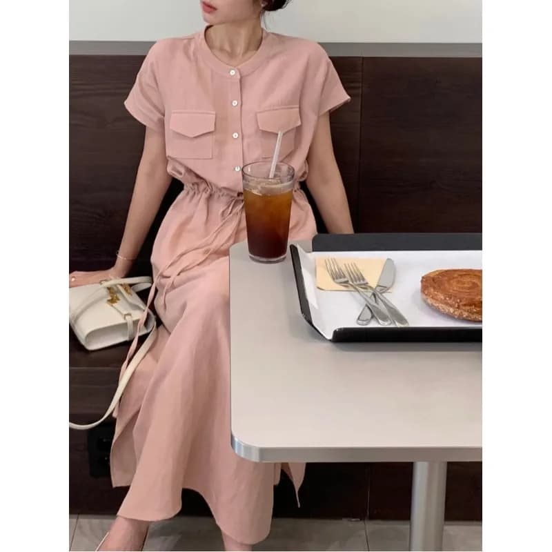 Fashionable Korean Style Drawstring Side Split Dress Chic Waist-Cinching Summer Dress City Commute Short Sleeve Midi Dress