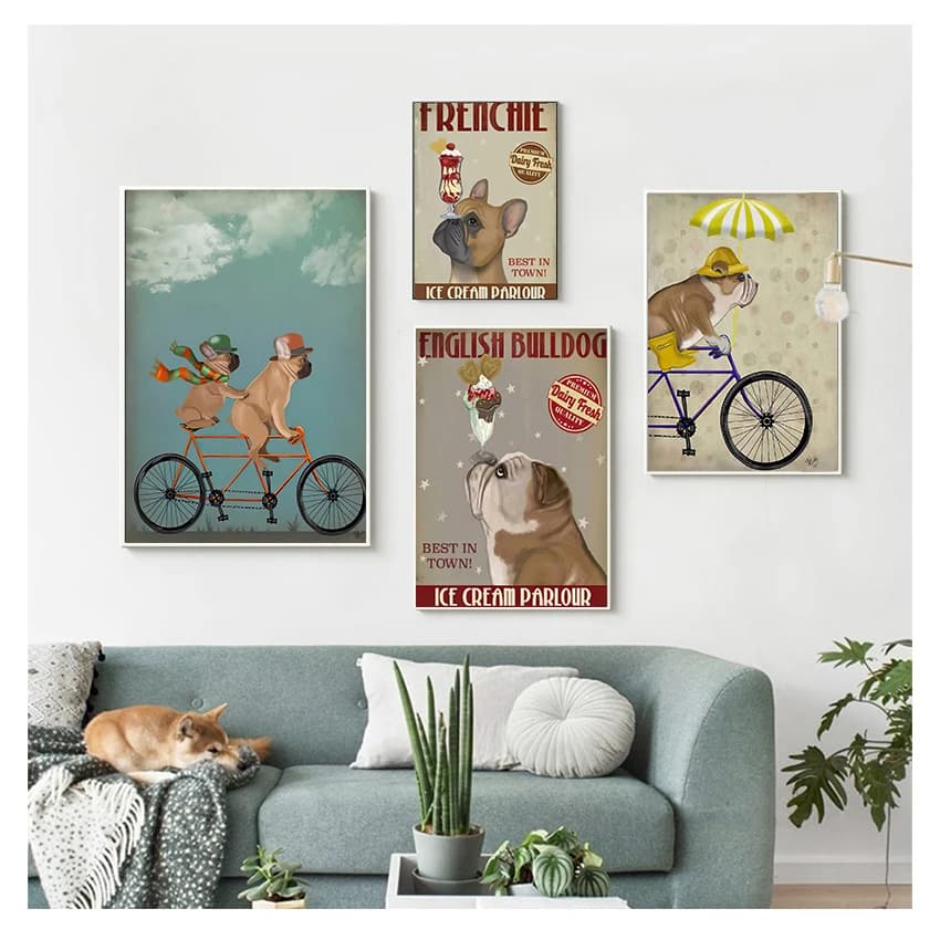 Painting Canvas Pictures for Living Room Dog Bicycle Wall Art Retro Posters and Prints Quadros English Bulldog Ice Cream
