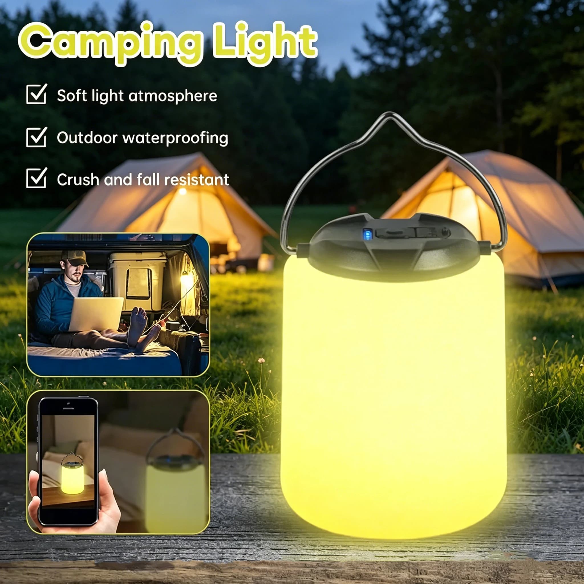 Rechargeable Camping Light 3000K Warm White, IPX4 Waterproof LED Flashlight, Portable Mini Lantern for Camping Hiking Outdoor Em