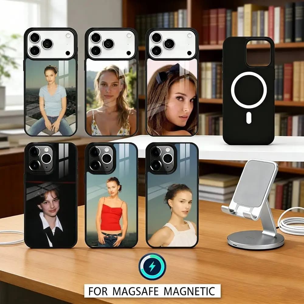 Elegante custodia per telefono Natalie Portman per iPhone 17, 16, 15, 14, 13, 12, Pro, Max, magnetica per ricarica wireless MagSafe
