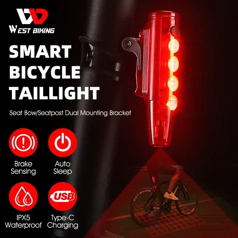 WEST BIKING Sensore freno fanale posteriore per bicicletta intelligente Luce posteriore a LED laser IPX5 Accessori per ciclo ricaricabili con luce flash impermeabile