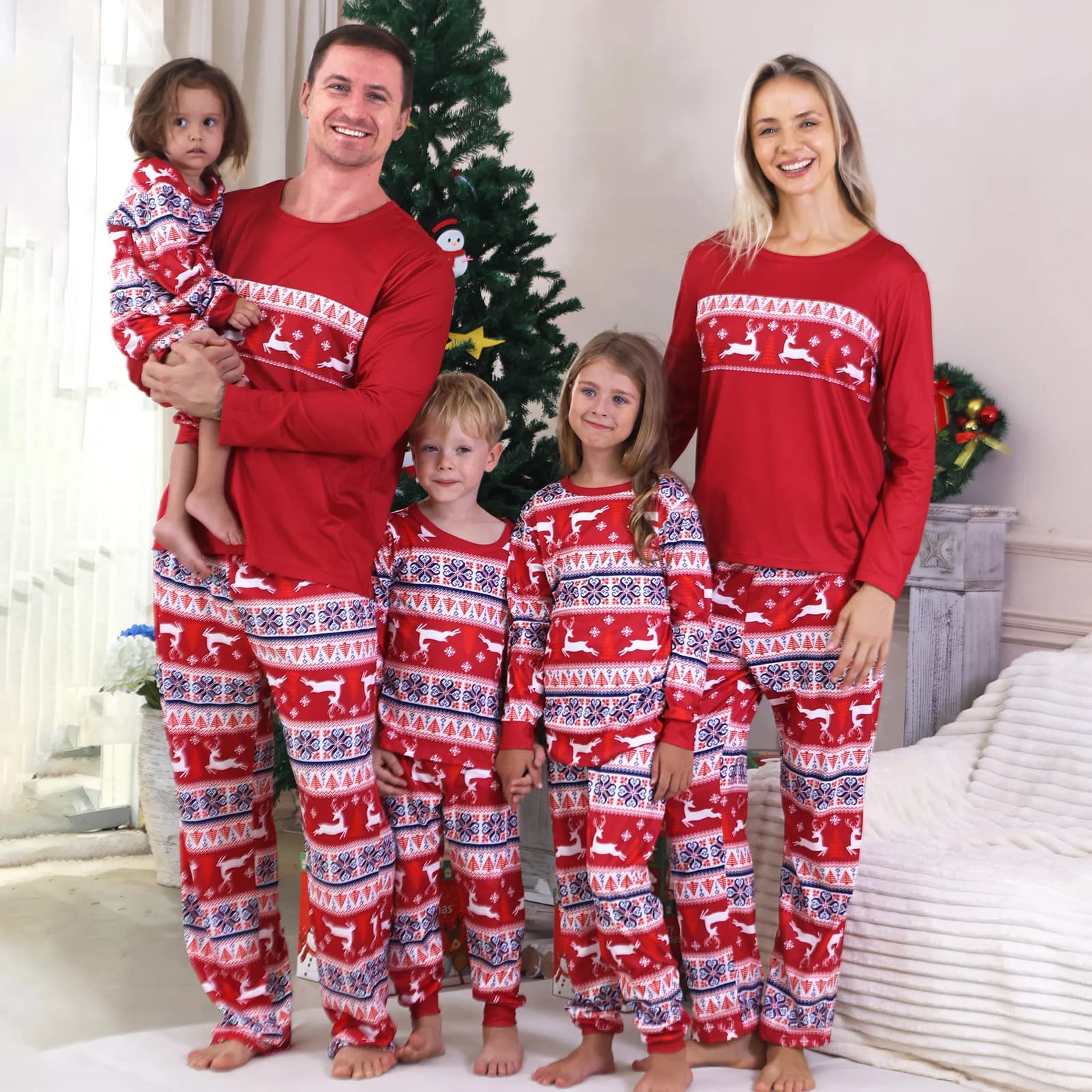 Pigiama natalizio con look di Capodanno Pigiama per famiglia con stampa di renne Set manica intera 2 pezzi Completo Homewear Pagliaccetto per bambini Look natalizio