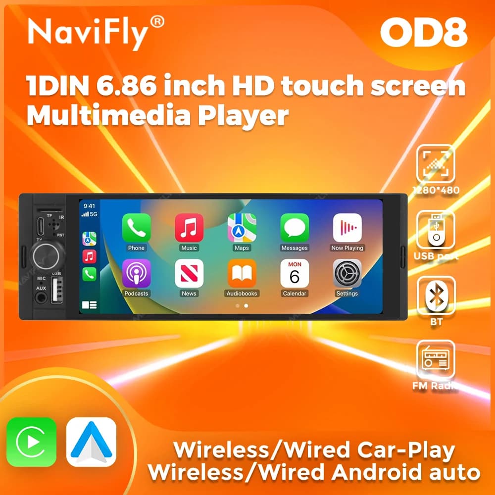NaviFly 6.86 pollici 1 din universale Carplay Android Auto Autoradio Autoradio lettore multimediale autoradio fotocamera MP5 doppia USB 1280