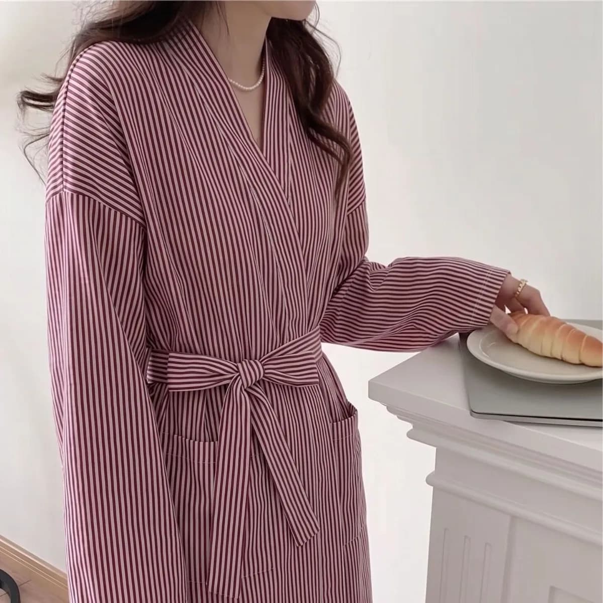 Women's Long Sleeved Thin Spring and Summer Morning Gown, Rose Red Striped Loose and Comfortable Home Sleepwear, Bathrobe