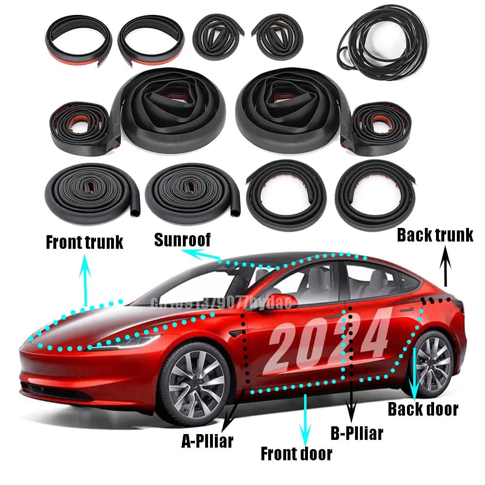 Per Tesla Model 3 Highland, Kit striscia di tenuta porta Isolamento acustico in gomma Striscia meteorologica Cofano bagagliaio Tetto apribile AB Pilastro Guarnizione