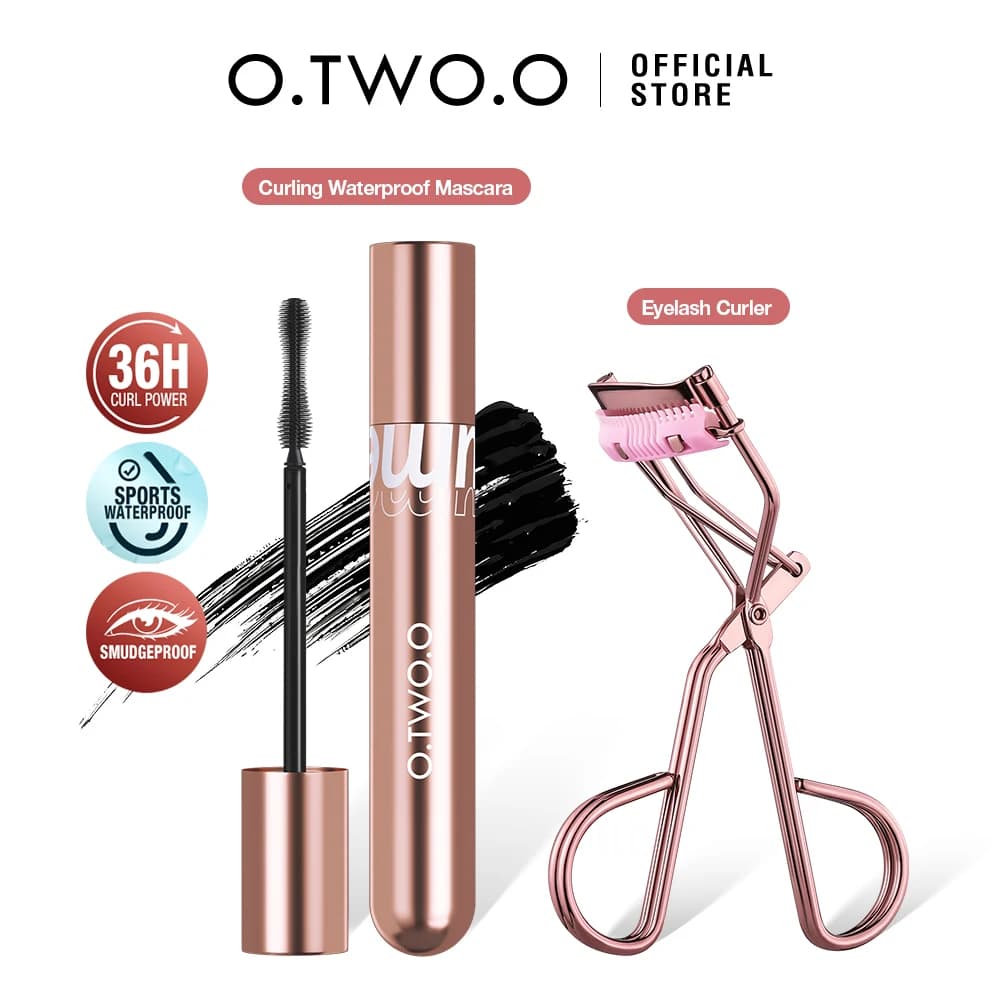 O.TWO.O Set Trucco 2 Pezzi: Mascara Impermeabile Lunga Durata 36H Volume e Curvatura, Piegaciglia con Pettine per Ciglia Ricci e Voluminose, Trucco Occhi