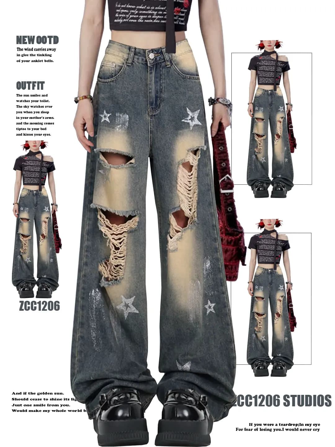 Retro American Vibe Star Hole Denim Jeans Women's Summer High Street Loose Straight Wide Leg Floor-Length Pants