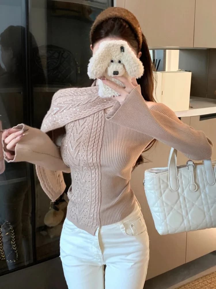 Elegant Knitted Sweater with Scarf Design Long Sleeve Women's Fashion Winter New Arrival Glitter Diamond Short Top High Waist...