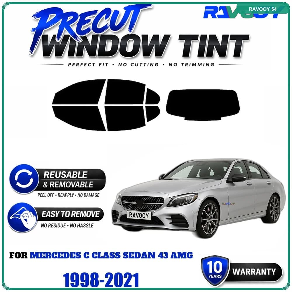 Precut Window Tint, Reusable Removable EPU Film, Custom Fit for Mercedes C Class Sedan 43 AMG 1998-2021, UV Heat Protection