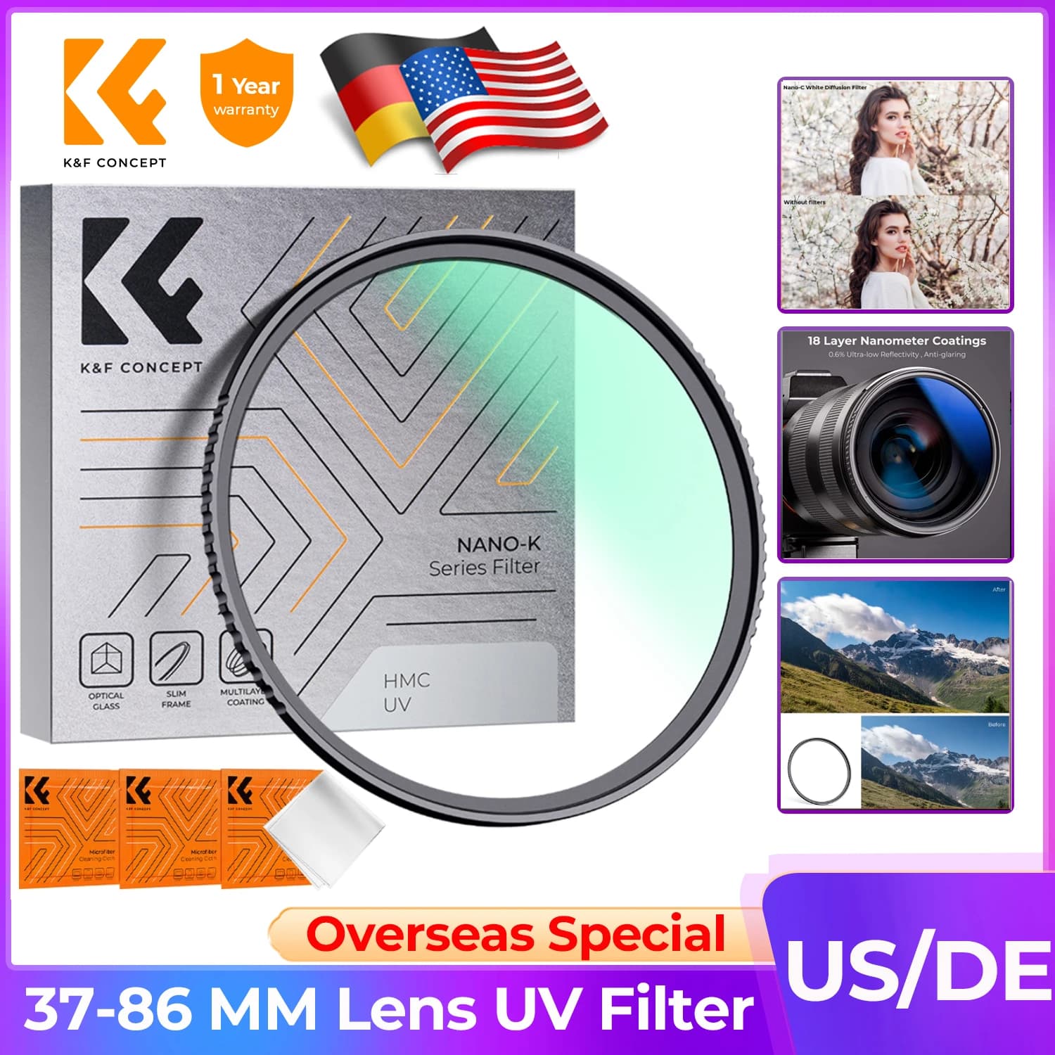K&F CONCEPT UV Filter Lenses MC Ultra Slim Optics with Multi Coated Protection 49mm 52mm 58mm 62mm 67mm 77mm 82mm Camera Filter