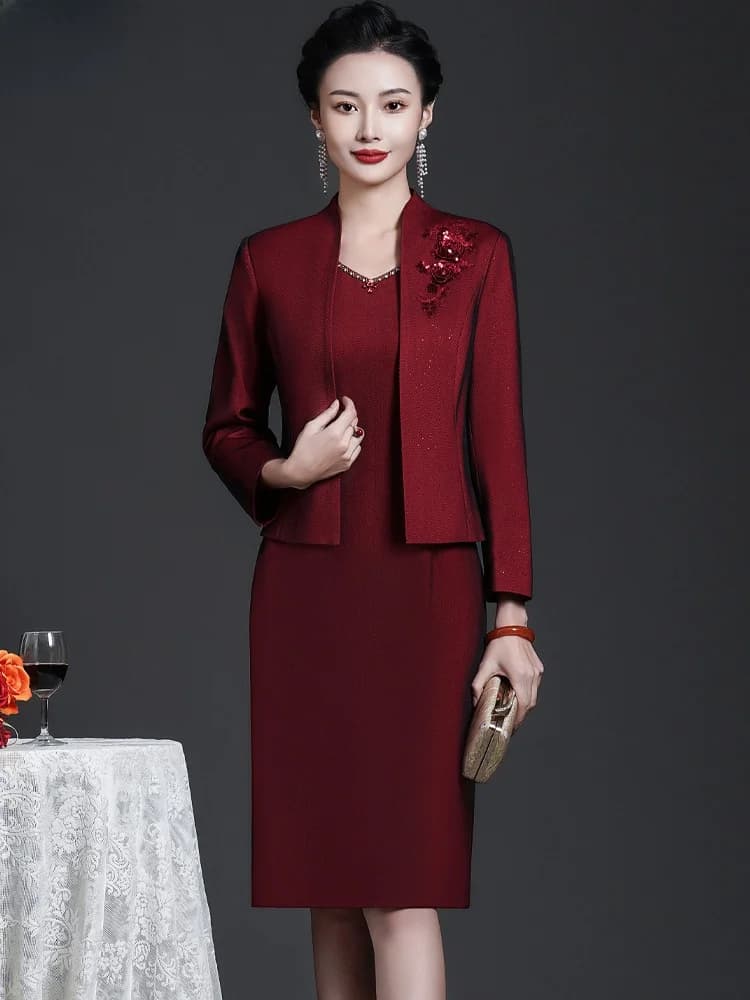 Elegant Long-Sleeve Mother Wedding Dress Two-Piece Set Large Size Red Color Spring Summer Evening Gown Coat Dress