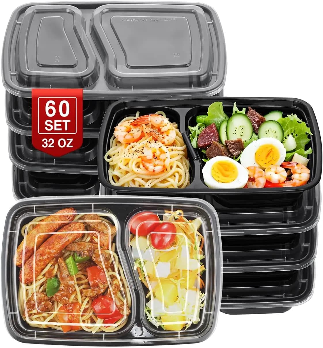 60 Set di Contenitori per Preparazione Pasti da 32oz con 2 Scomparti - Contenitori in Plastica per Conservazione Alimenti con Coperchi