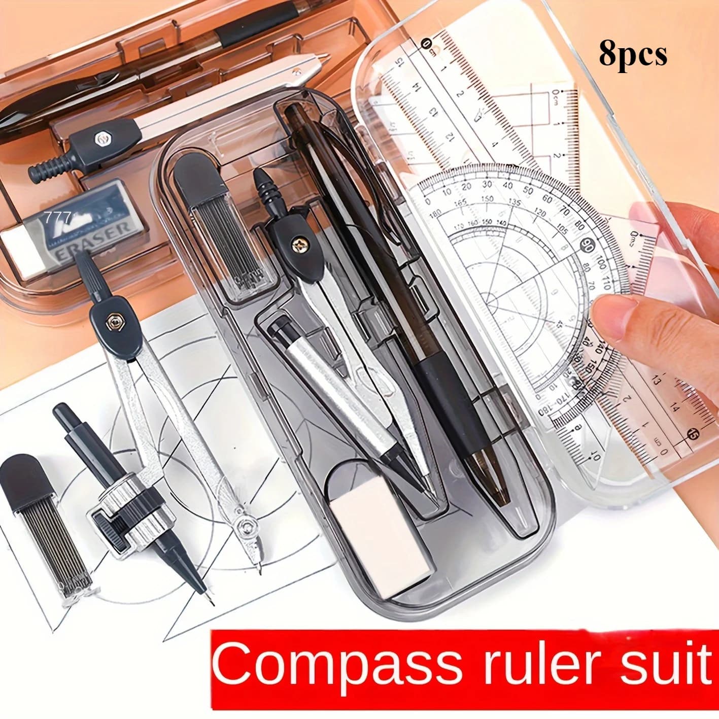 Set of 8 Instruments for School Geometry: Compasses, Mechanical pencils, Goniometers, Righelli and Treppiedi, with Boxes