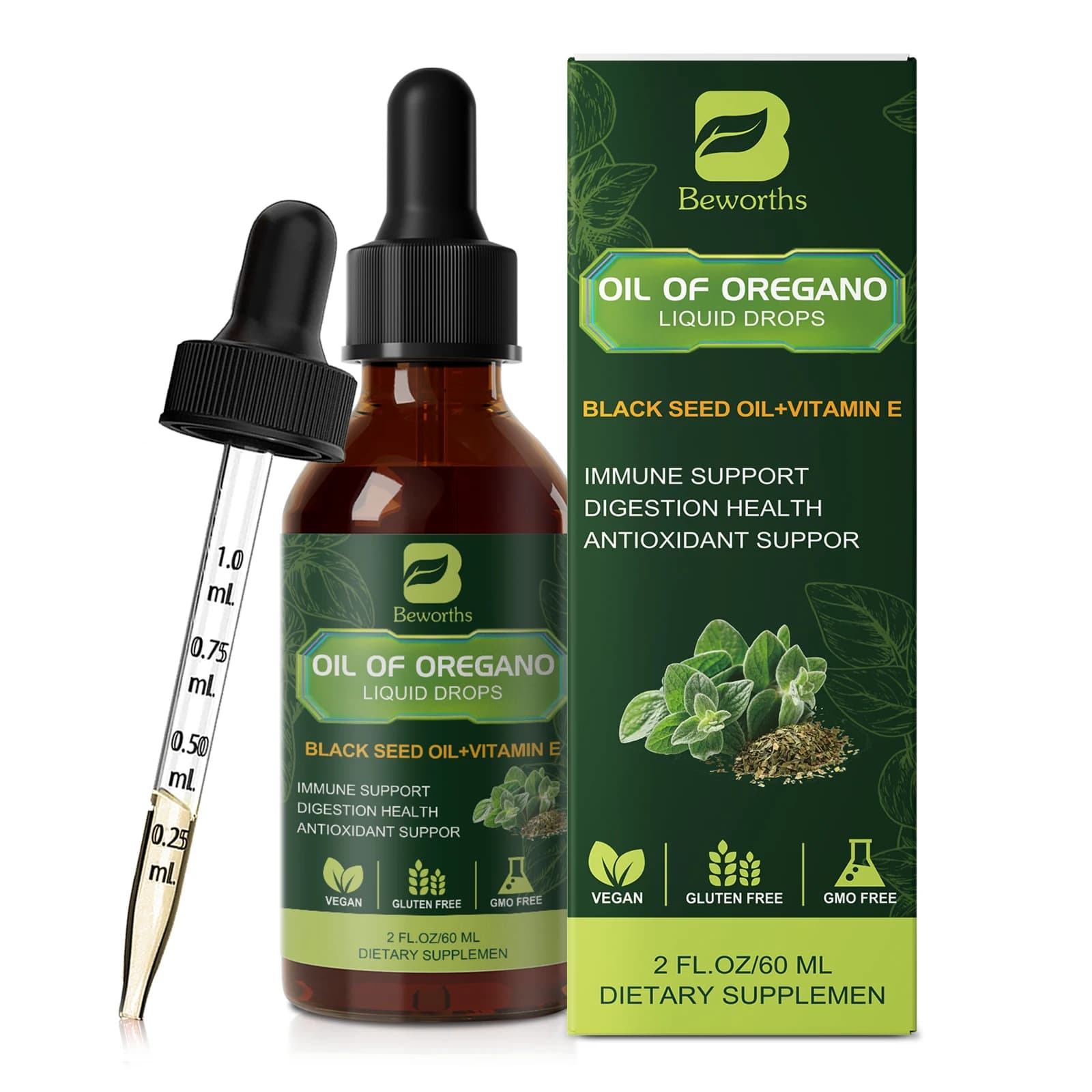 BEWORTHS Oregano Oil Drop with Black Seed Oil, Vitamin E for Immune,Antioxidant,Gut Detox Cleanser Support Non-GMO,Vegan