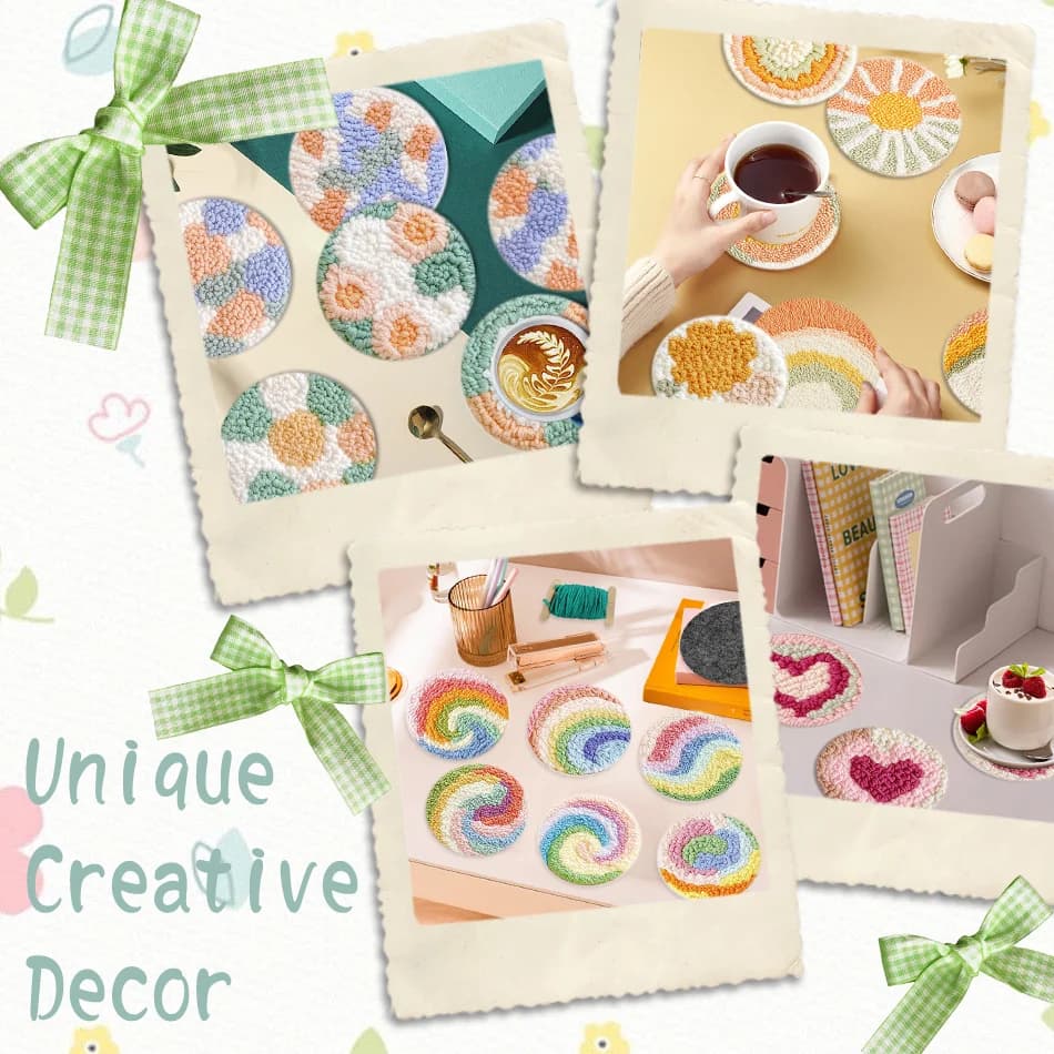 6pcs Punch Needle Coaster Kit Easy DIY Embroidery Set for Beginners Wine Glass Punch Needle Embroidery Kits for Adults Art Craft
