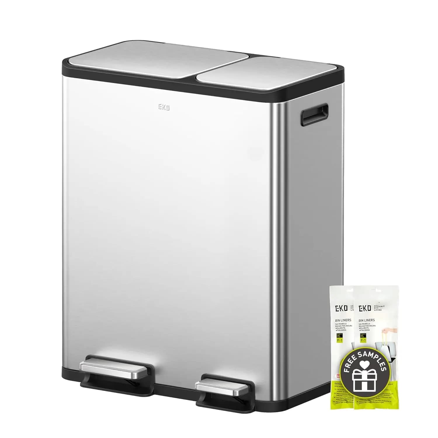 EKO EcoCasa Cestino per Rifiuti in Acciaio Inox a Doppio Scomparto per Riciclaggio, 30L+20L, Rettangolare per Cucina, con Pedali e Coperchio Indipendenti