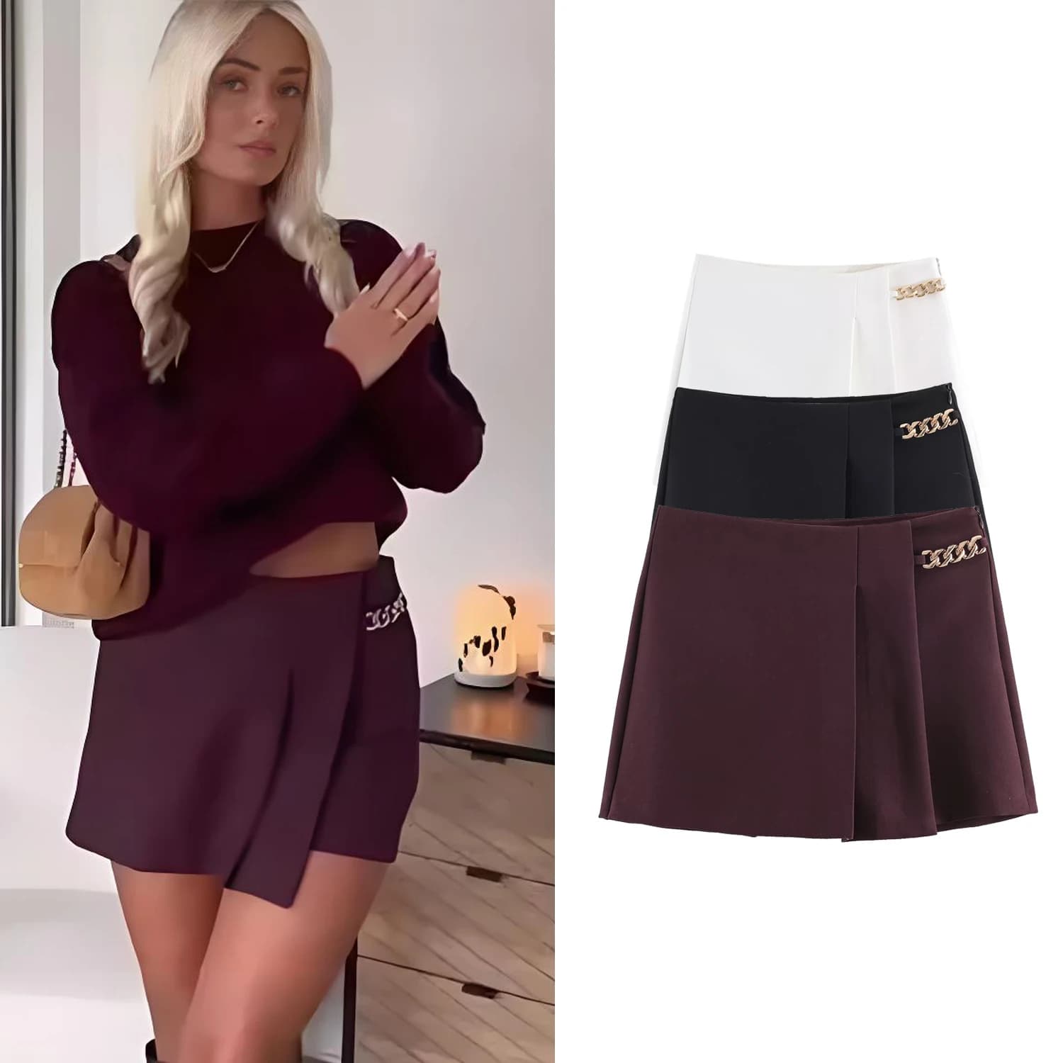Shorts da Donna Primavera Estate, Pantaloncini Casual con Catena e Pieghe Larghe, Vita Alta, Mini Shorts Versatili e Chic