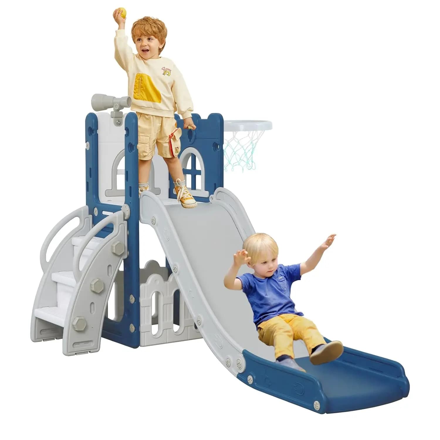 Set Scivolo e Arrampicata 6-in-1 per Bambini con Canestro da Basket, Vano Portaoggetti e Telescopio per Gioco Interno ed Esterno
