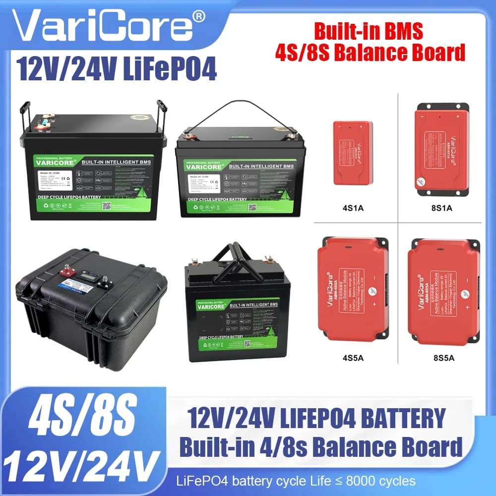 Batteria VariCore 12V/24V 340Ah 200Ah 100Ah LiFePO4 al Litio Ferro Fosfato con Scheda di Bilanciamento Integrata 4s 8s per Golf Cart, Solare ed Eolico